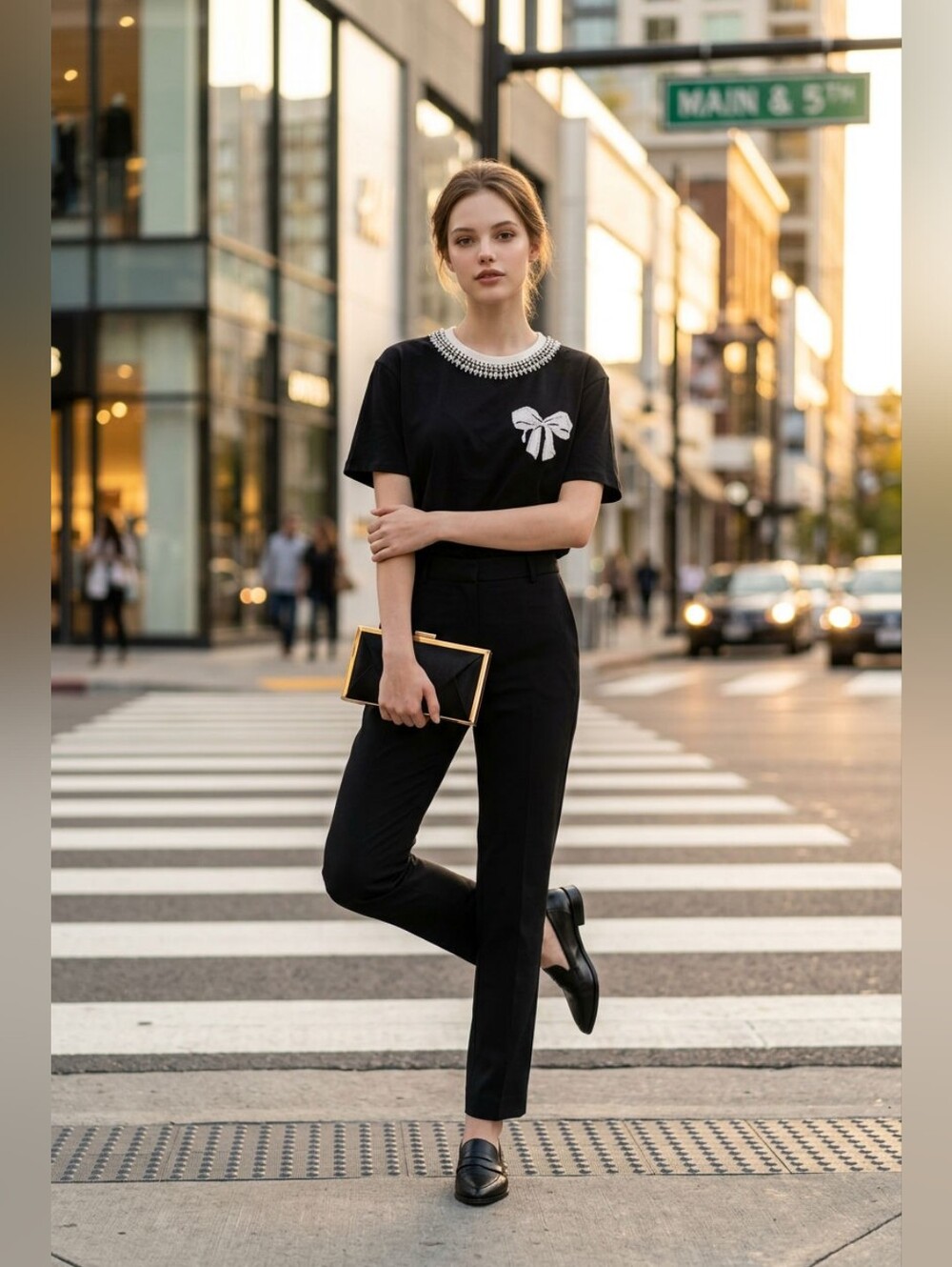 Pastels Black Tee with Pearl-Embellished Collar and White Sequin Bow